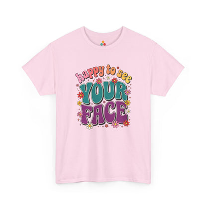  Close up view of TEEZOCA T-Shirt with colorful “Welcome Back to School” cartoon design featuring smiling flowers, stars, and a pencil on light Pink shirt

