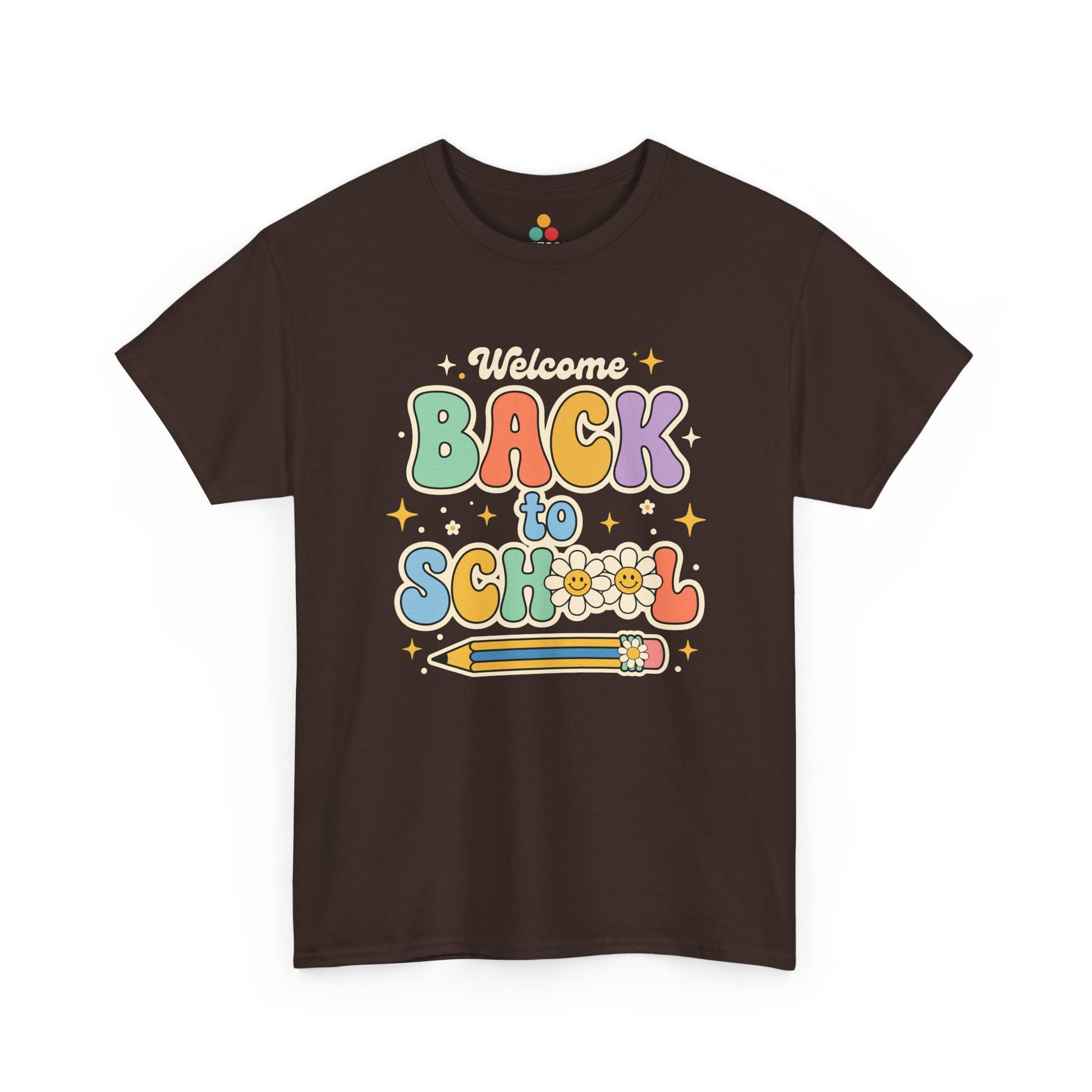Close up view of TEEZOCA T-Shirt with colorful “Welcome Back to School” retro school design featuring flowers and a pencil on Brown fabric.

