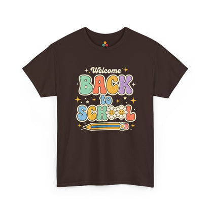 Close up view of TEEZOCA T-Shirt with colorful “Welcome Back to School” retro school design featuring flowers and a pencil on Brown fabric.

