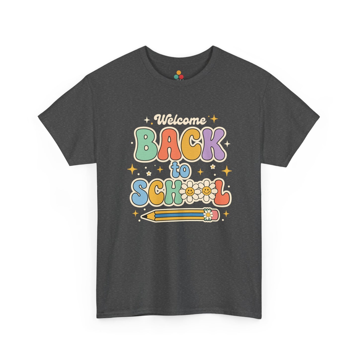 Close up view of TEEZOCA T-Shirt with colorful “Welcome Back to School” retro school design featuring flowers and a pencil on Gray  fabric.


