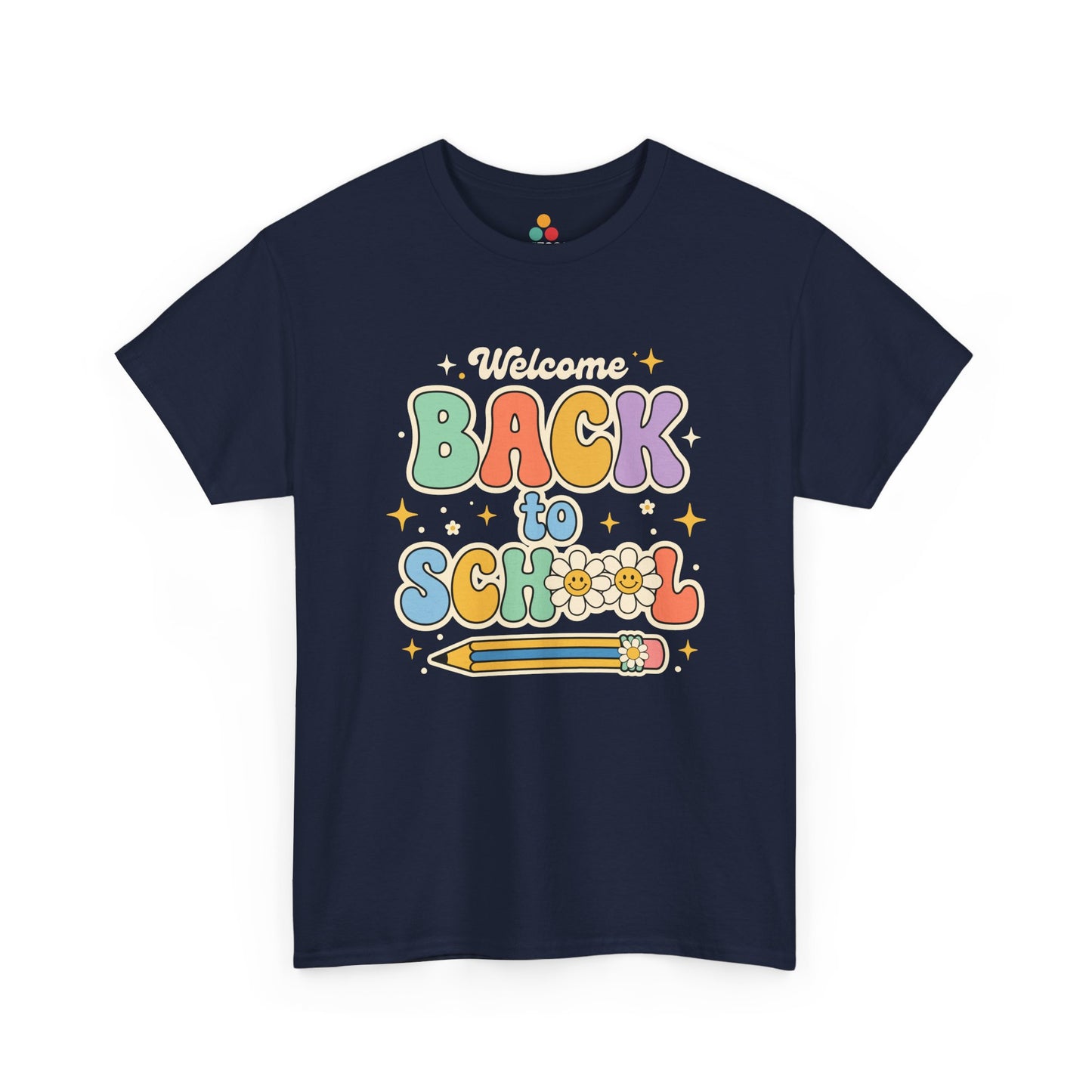 Close up view of TEEZOCA T-Shirt with colorful “Welcome Back to School” retro school design featuring flowers and a pencil on Navy Blue   fabric.

