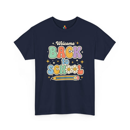Close up view of TEEZOCA T-Shirt with colorful “Welcome Back to School” retro school design featuring flowers and a pencil on Navy Blue   fabric.

