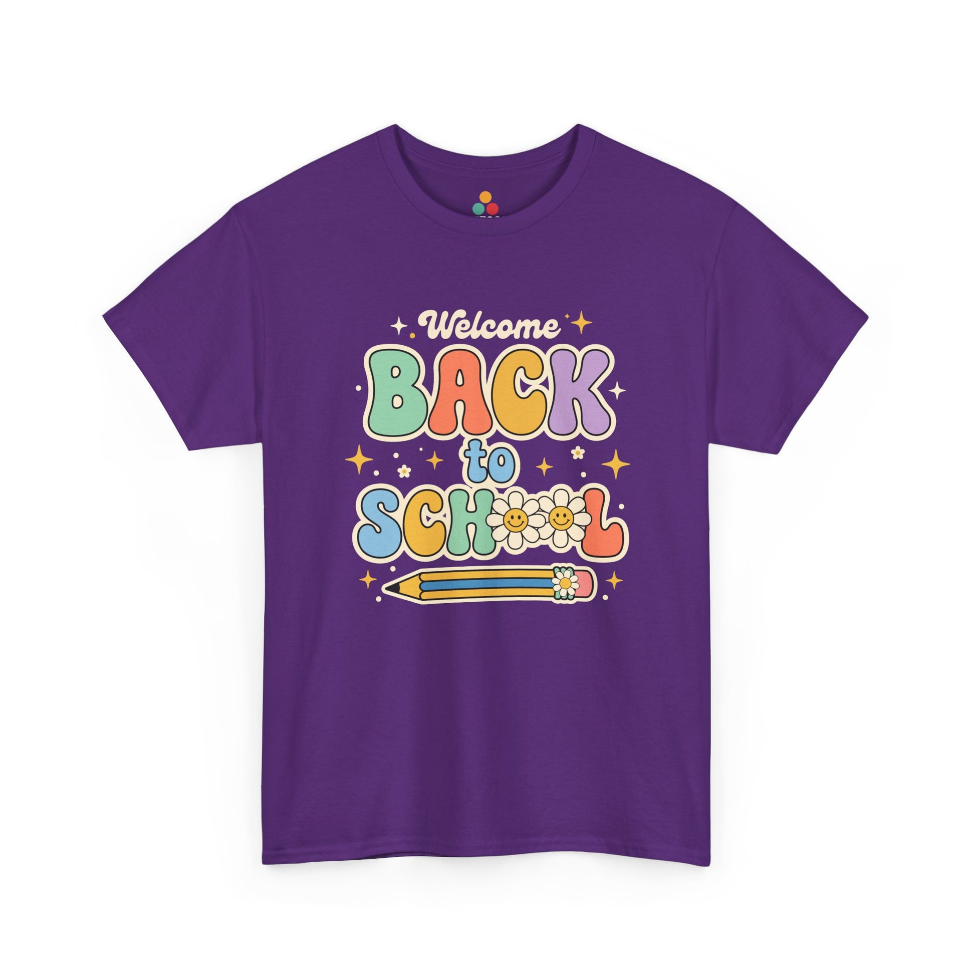 Close up view of TEEZOCA T-Shirt with colorful “Welcome Back to School” retro school design featuring flowers and a pencil on  Purple  fabric.

