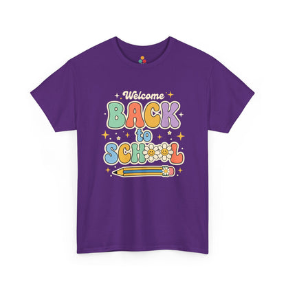 Close up view of TEEZOCA T-Shirt with colorful “Welcome Back to School” retro school design featuring flowers and a pencil on  Purple  fabric.

