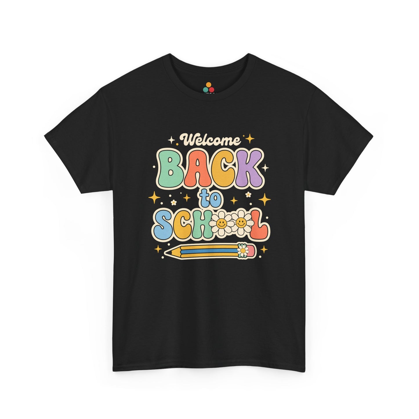 Close up view of TEEZOCA T-Shirt with colorful “Welcome Back to School” retro school design featuring flowers and a pencil on black fabric.

