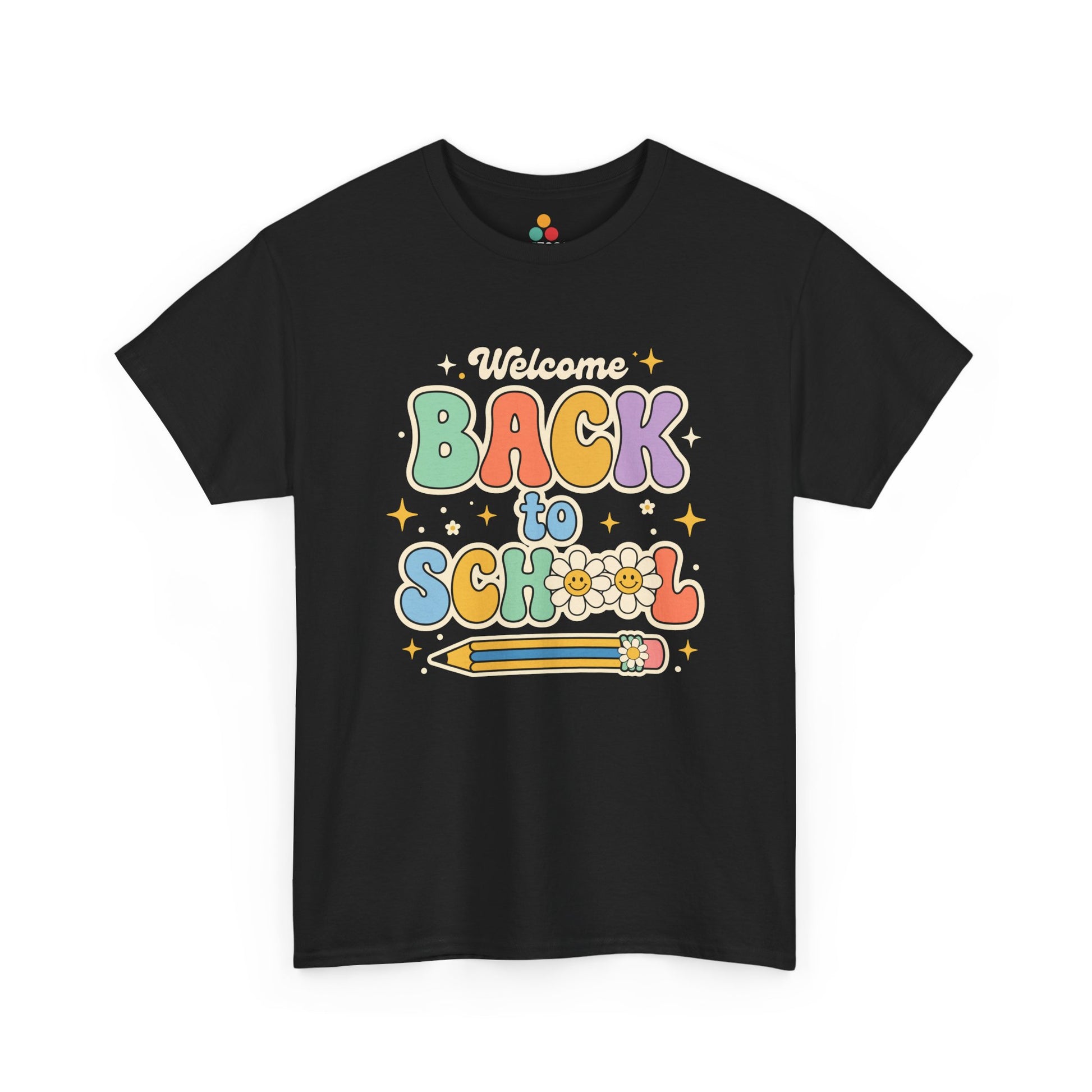 Close up view of TEEZOCA T-Shirt with colorful “Welcome Back to School” retro school design featuring flowers and a pencil on black fabric.

