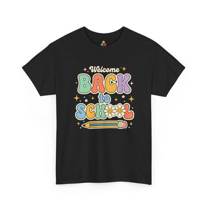 Close up view of TEEZOCA T-Shirt with colorful “Welcome Back to School” retro school design featuring flowers and a pencil on black fabric.


