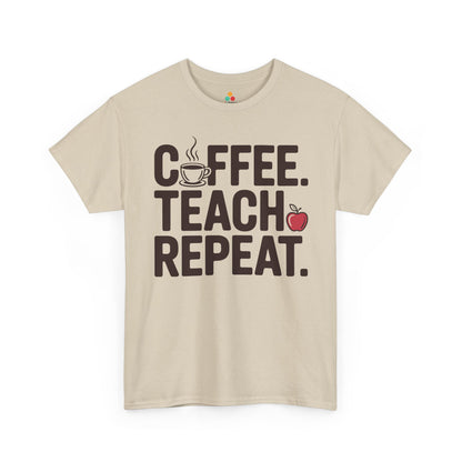 Coffee Teach Repeat Unisex T-shirt Funny Teacher Graphic | TEEZOCA educator humor Unisex T-shirt with apple icon detail