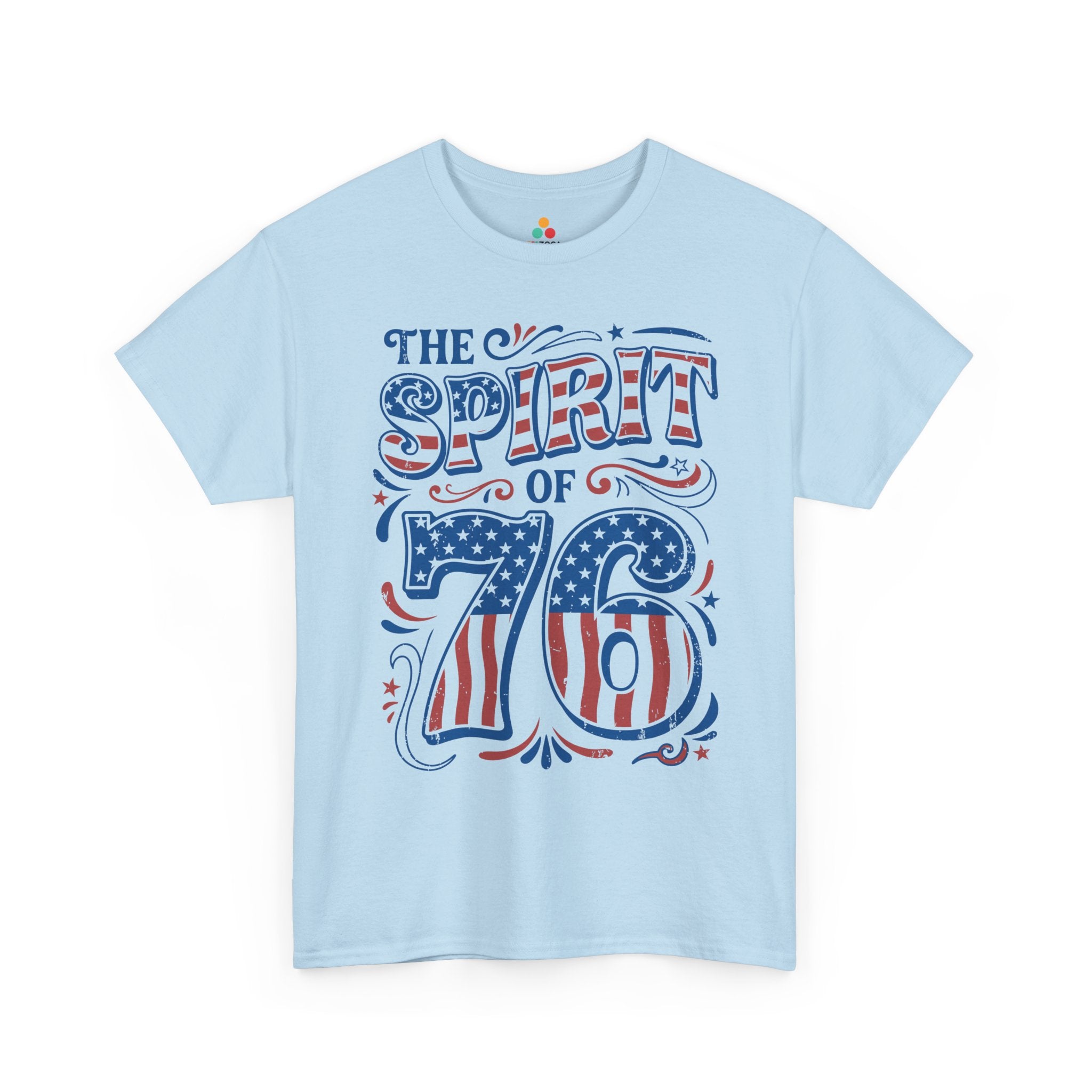 Colonial shirt style TEEZOCA t-shirt with Spirit of 1776 artwork patriotic stars and old-fashioned red and blue details
