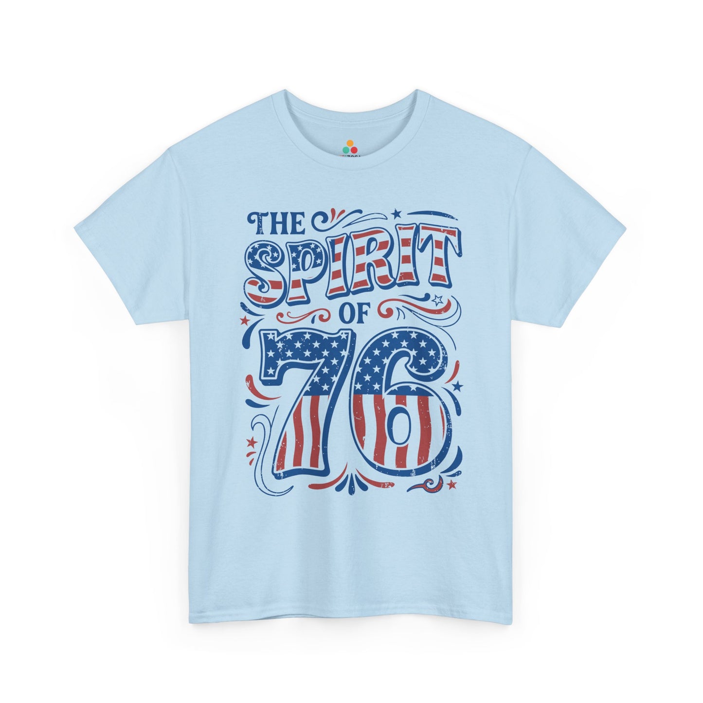 Colonial shirt style TEEZOCA t-shirt with Spirit of 1776 artwork, patriotic stars, and old-fashioned red and blue details.
