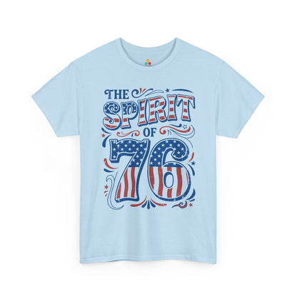 Colonial shirt style TEEZOCA t-shirt with Spirit of 1776 artwork, patriotic stars, and old-fashioned red and blue details.
