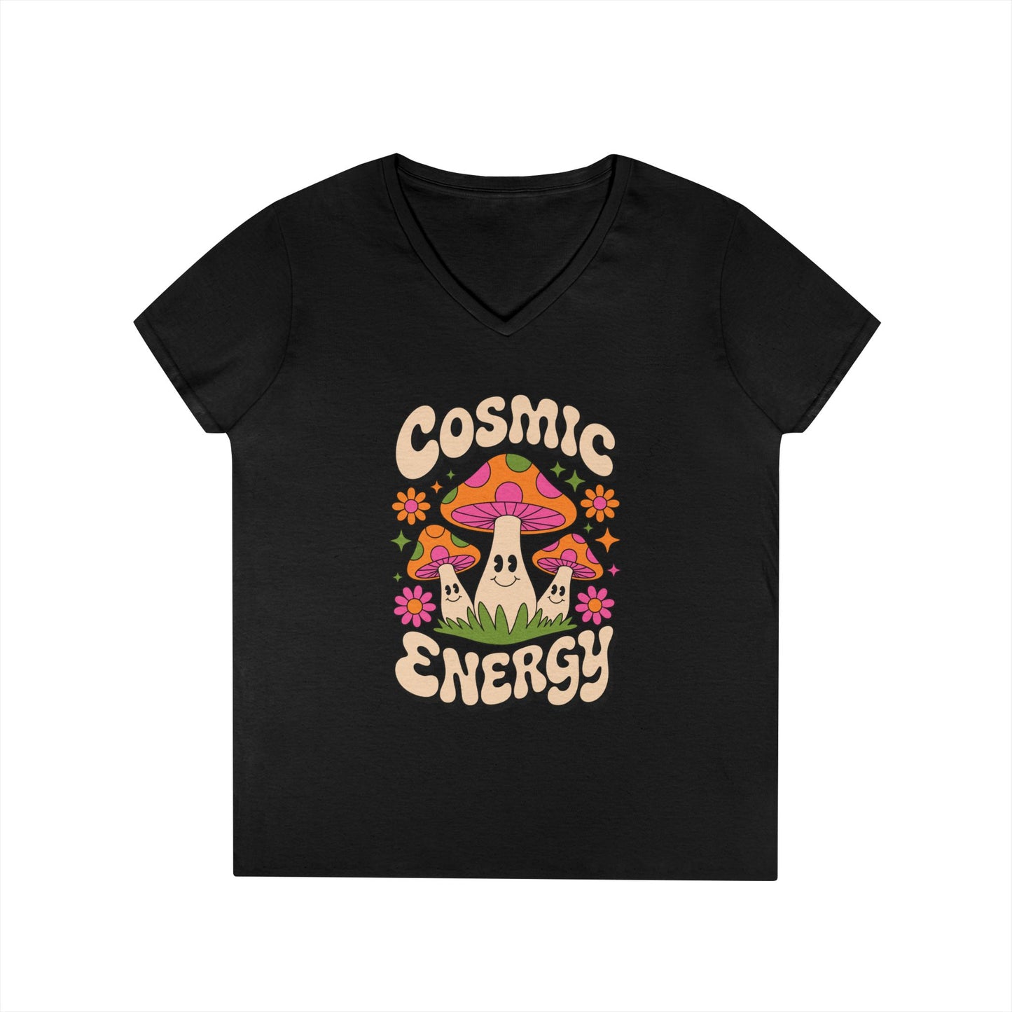 Cosmic Energy Happy Mushroom Graphic V-Neck T-Shirt for Women | TEEZOCA 