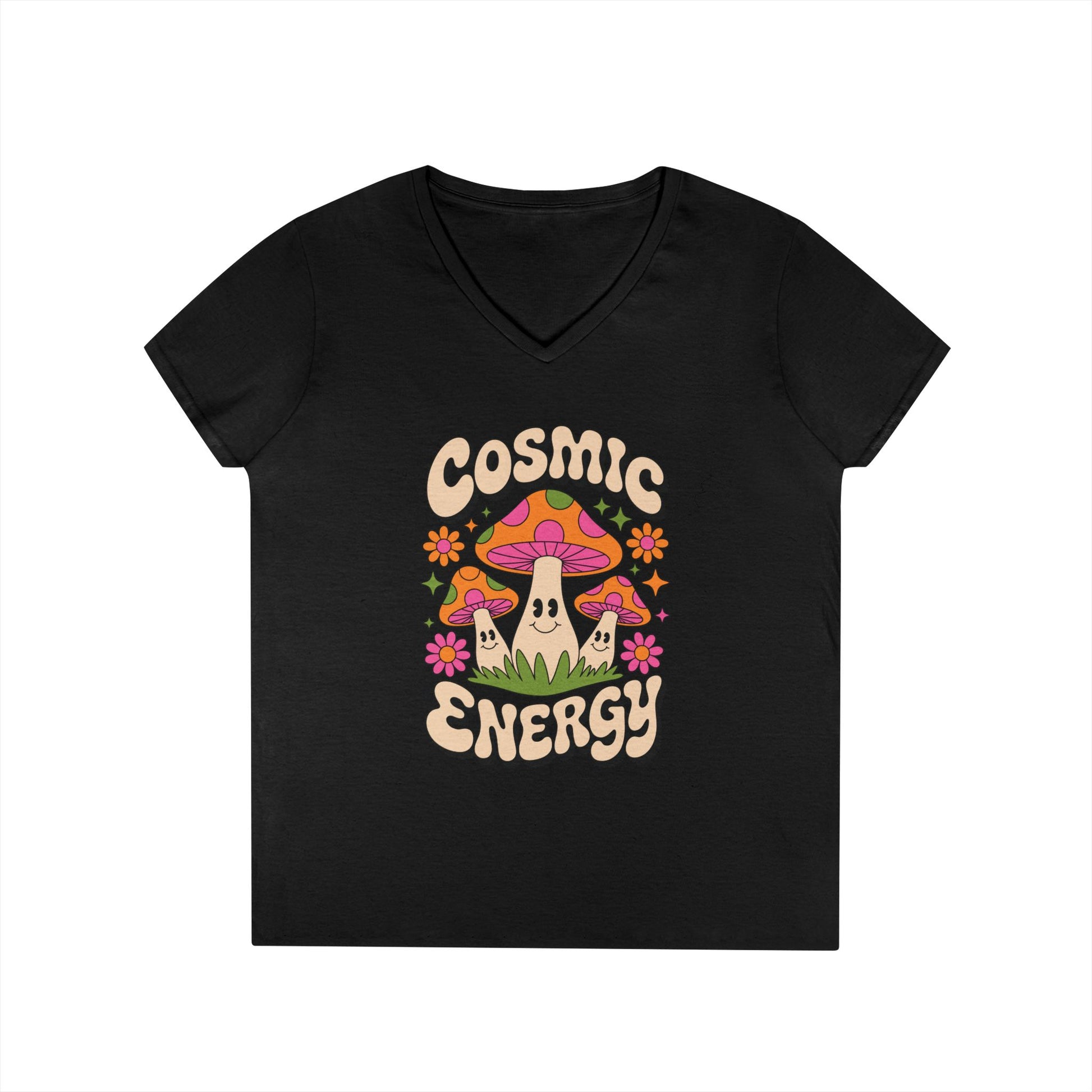 Cosmic Energy Happy Mushroom Graphic V-Neck T-Shirt for Women | TEEZOCA 