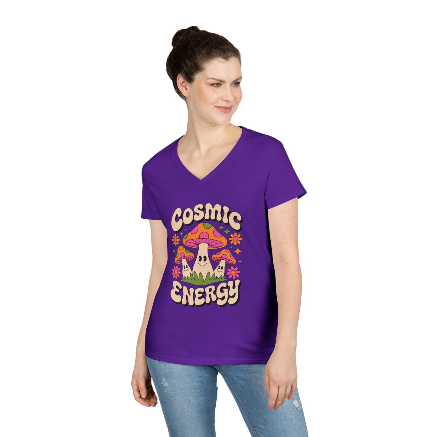 Cosmic Energy Happy Mushroom Graphic V-Neck T-Shirt for Women | TEEZOCA 
