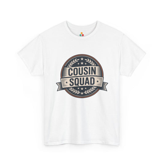 Cousin Squad Round Badge Graphic White T-Shirt – Retro Vintage Family Matching Tee for Cousin Crew | TEEZOCA 