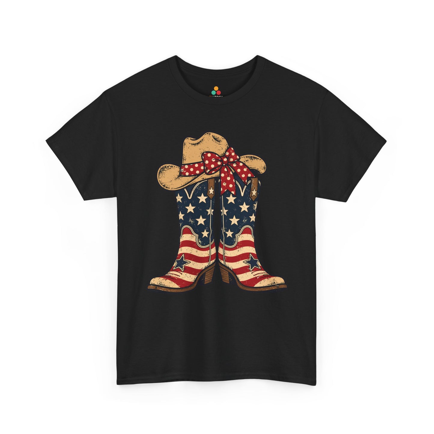 Cowgirl Shirt Vintage American Flag Boots Western T-shirt Gift | TEEZOCA cowgirl shirt T-shirt with distressed American flag cowboy boots, cowgirl hat, and red bow for Western patriotic style.
