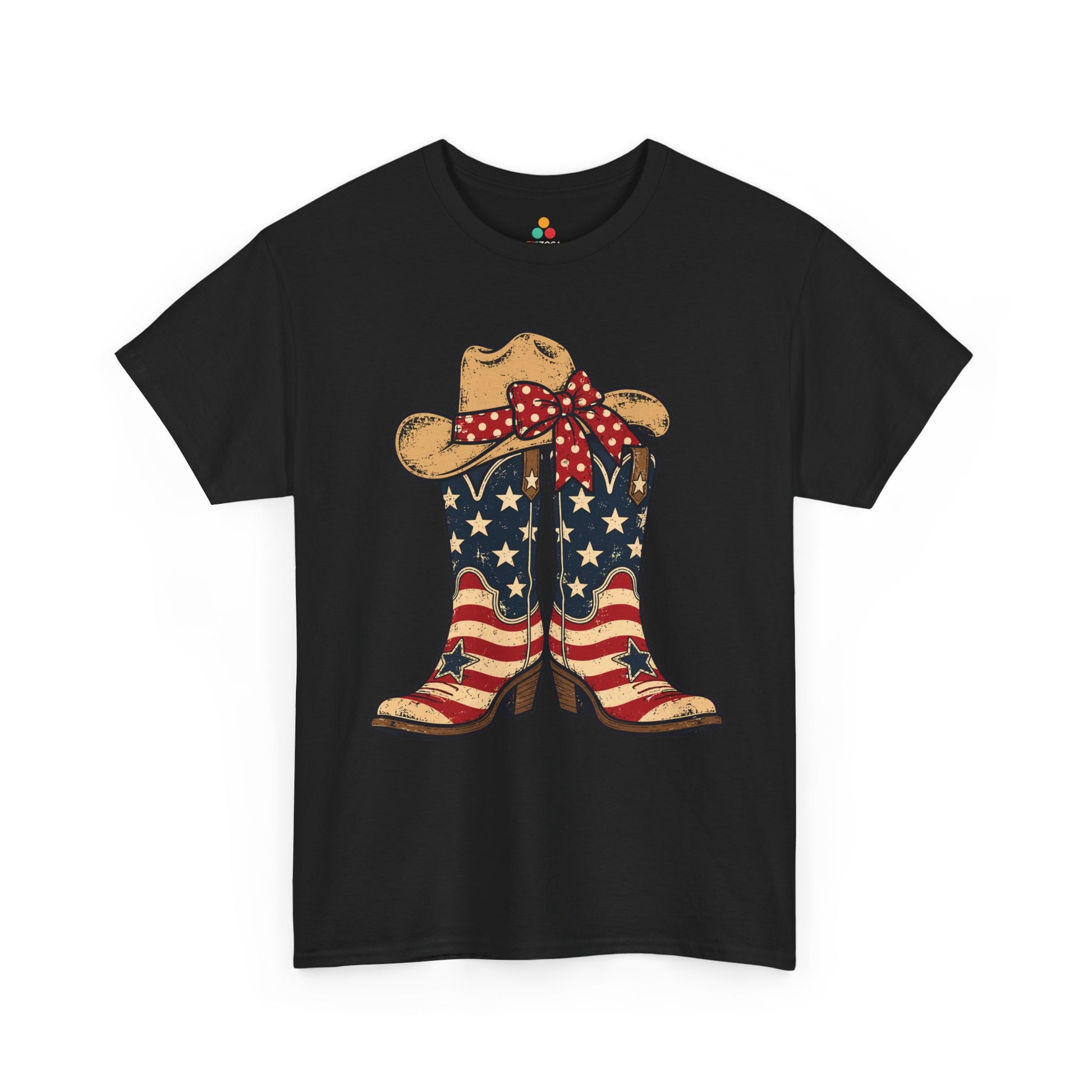 Cowgirl Shirt Vintage American Flag Boots Western T-shirt Gift | TEEZOCA cowgirl shirt T-shirt with distressed American flag cowboy boots, cowgirl hat, and red bow for Western patriotic style.
