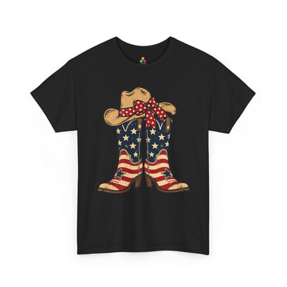 Cowgirl Shirt Vintage American Flag Boots Western T-shirt Gift | TEEZOCA cowgirl shirt T-shirt with distressed American flag cowboy boots, cowgirl hat, and red bow for Western patriotic style.

