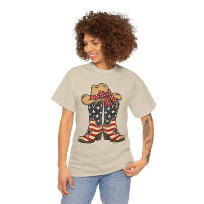 Cowgirl shirt with American flag boots for 4th of July, rodeos, concerts, and Western women who love patriotic country style with TEEZOCA pride all summer.
