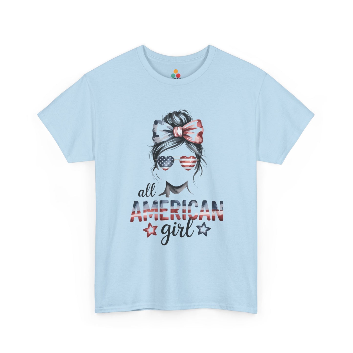 Cute 4th of July T-shirt by TEEZOCA featuring an All American Girl design with patriotic bow and USA flag sunglasses.
