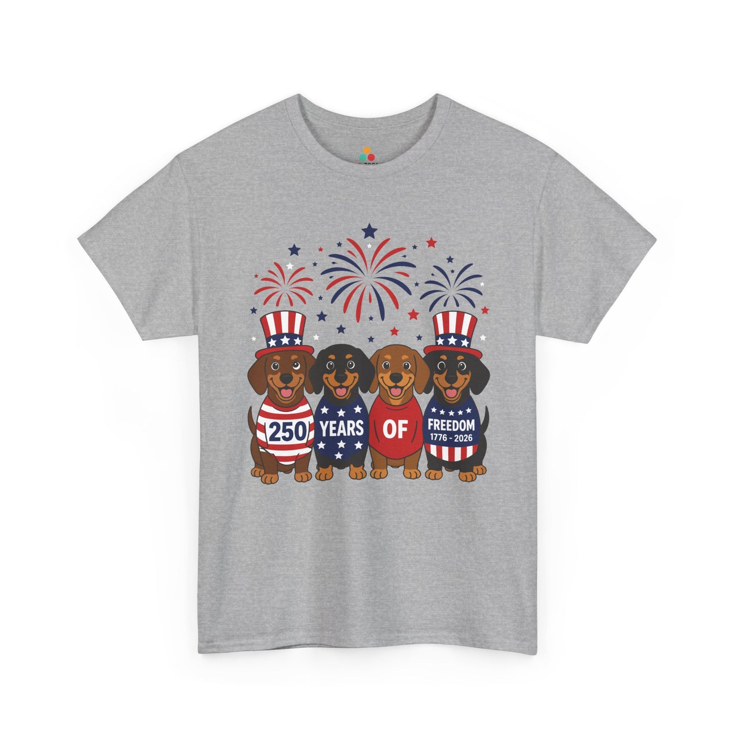 Cute 4th of July dog shirt by TEEZOCA with four dachshunds, patriotic sweaters, stars, and red white blue fireworks.

