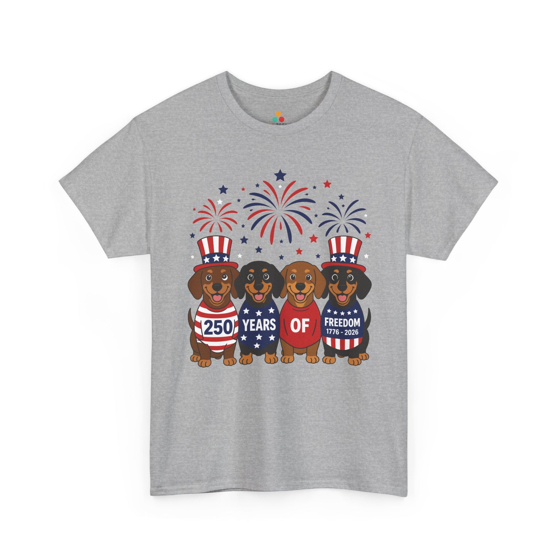 Cute 4th of July dog shirt by TEEZOCA with four dachshunds, patriotic sweaters, stars, and red white blue fireworks.
