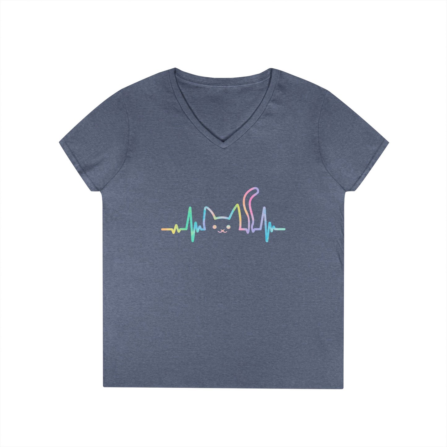 Cute Cat Heartbeat V-Neck T-Shirt Aesthetic Pet Lover Style Tee | TEEZOCA 