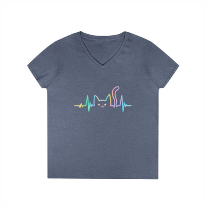 Cute Cat Heartbeat V-Neck T-Shirt Aesthetic Pet Lover Style Tee | TEEZOCA 