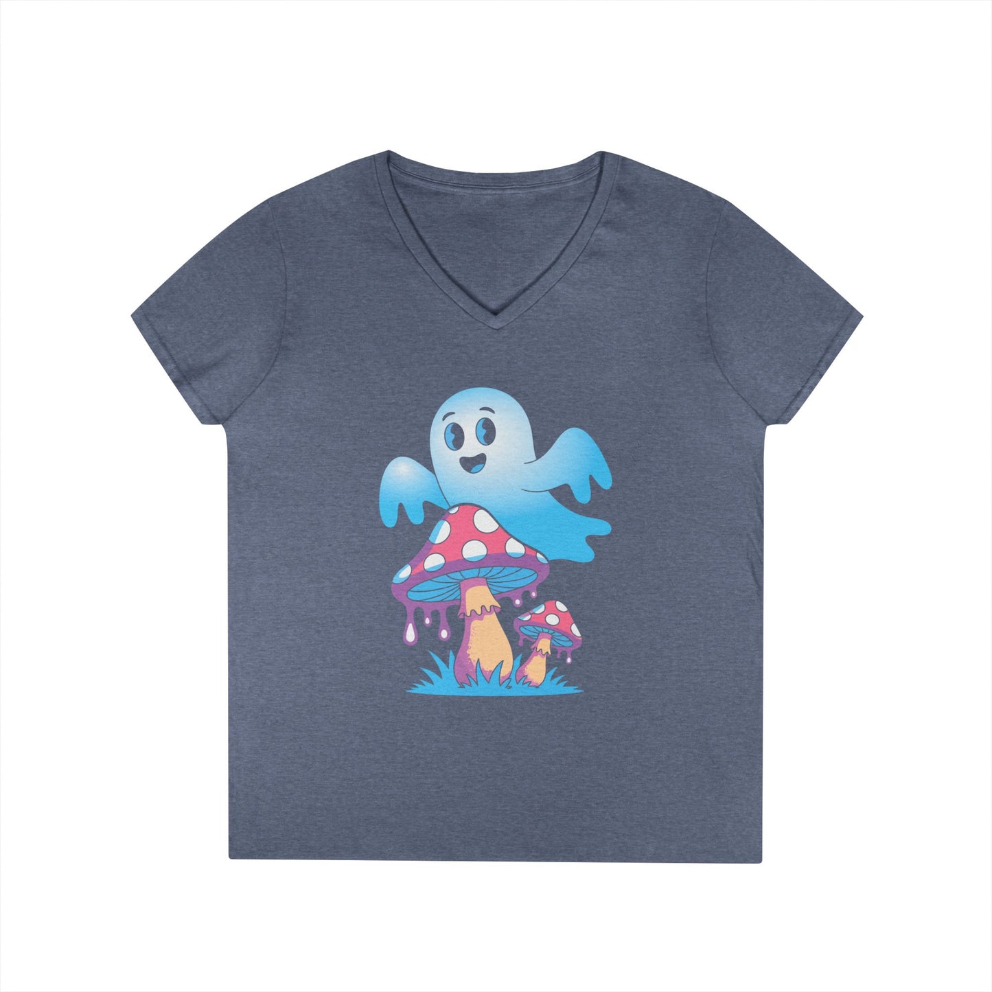 Cute Ghost Mushroom Art Ladies’ V-Neck T-Shirt Whimsical Fantasy Style | TEEZOCA 