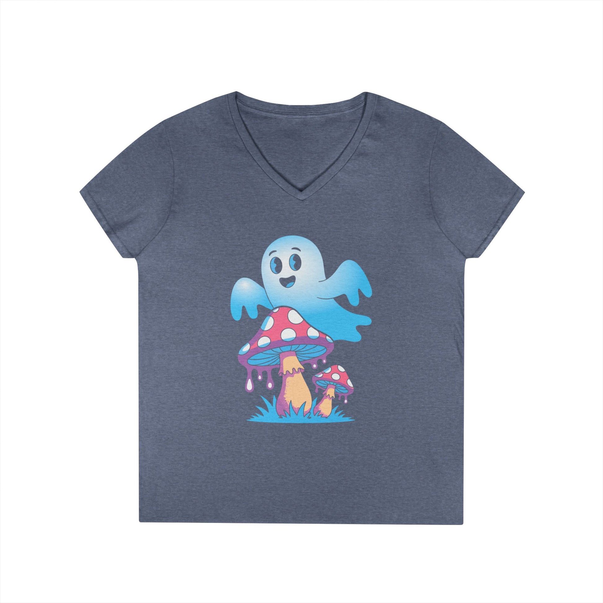 Cute Ghost Mushroom Art Ladies’ V-Neck T-Shirt Whimsical Fantasy Style | TEEZOCA 