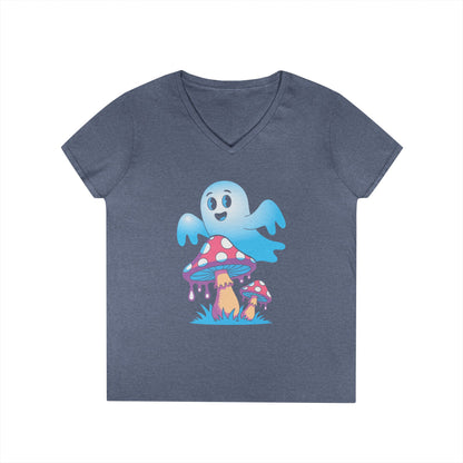 Cute Ghost Mushroom Art Ladies’ V-Neck T-Shirt Whimsical Fantasy Style | TEEZOCA 