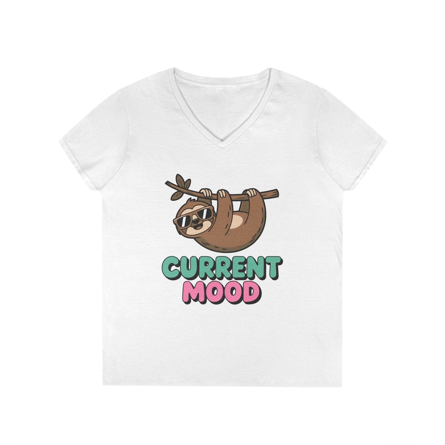 Cute Sloth Graphic V-Neck T-Shirt for Women with Chill Current Mood Vibes | TEEZOCA 