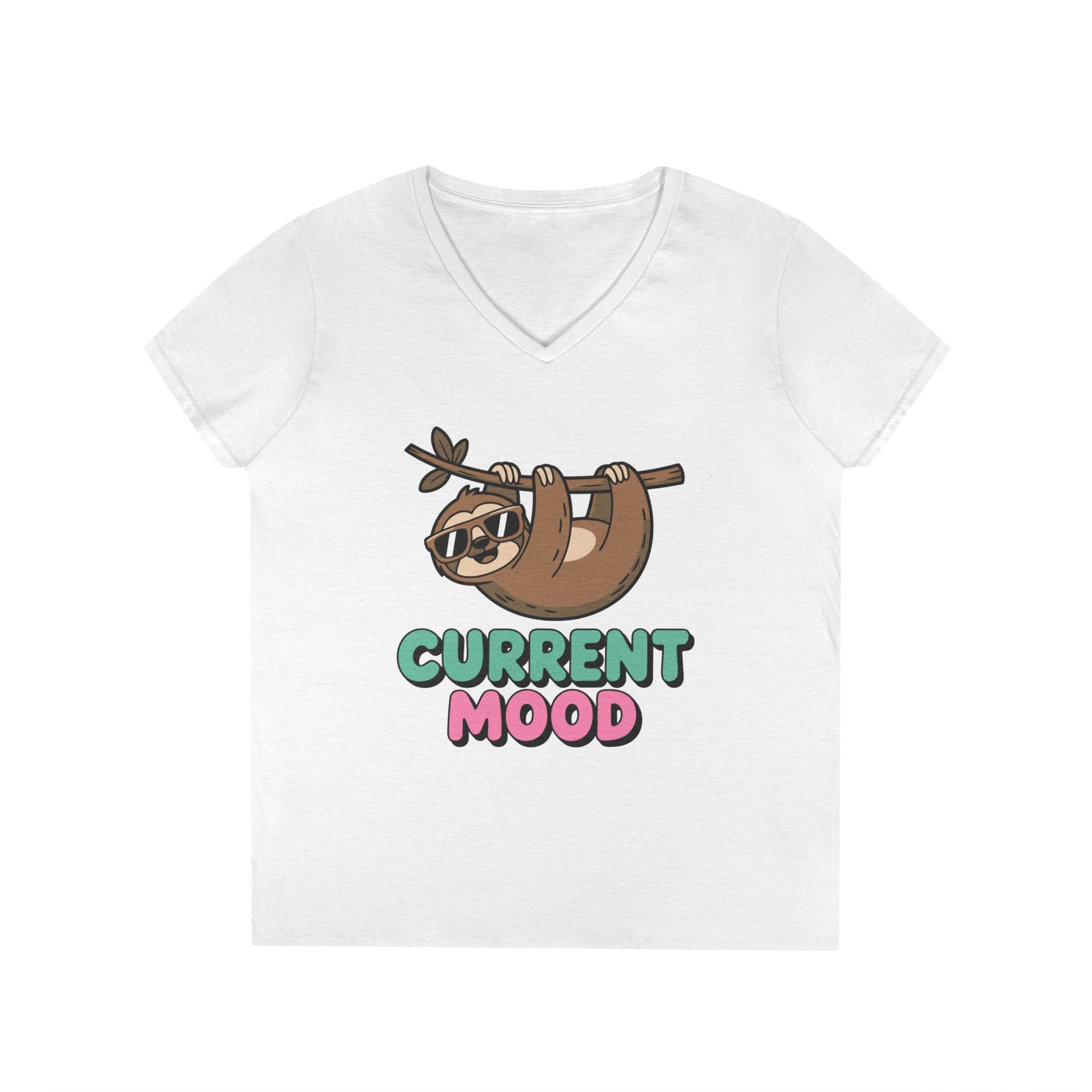 Cute Sloth Graphic V-Neck T-Shirt for Women with Chill Current Mood Vibes | TEEZOCA 