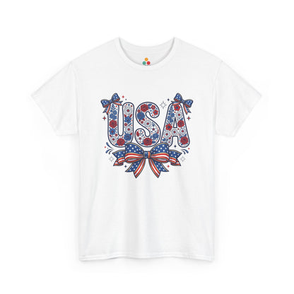 Cute USA Floral Bow white T-Shirt – Retro Patriotic Gift for Women | TEEZOCA 