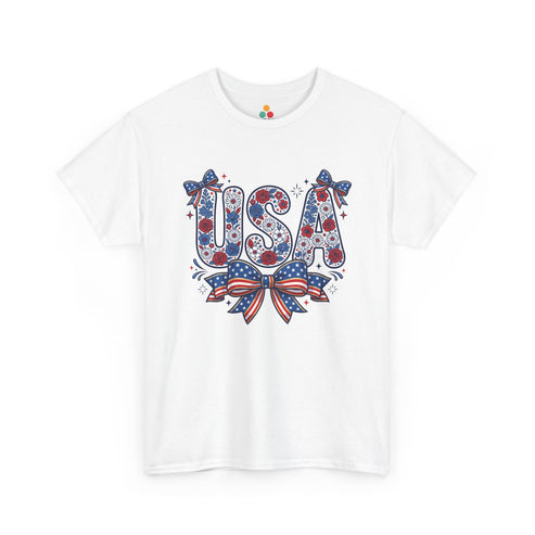 Cute USA Floral Bow white T-Shirt Retro Patriotic Gift for Women TEEZOCA
