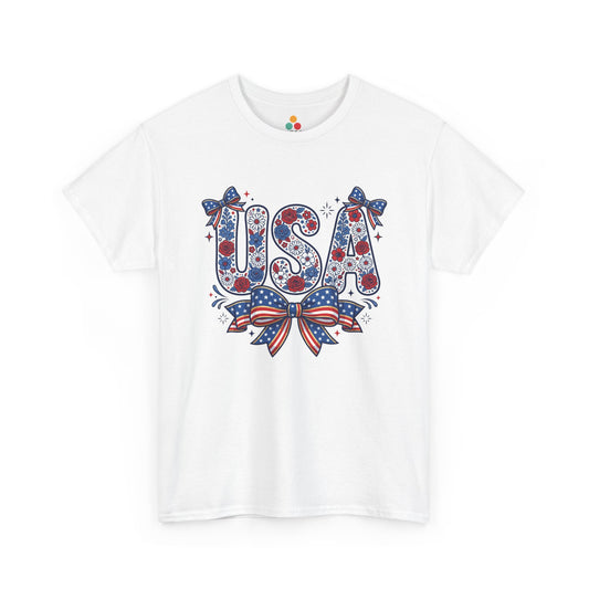 Cute USA Floral Bow white T-Shirt – Retro Patriotic Gift for Women | TEEZOCA 