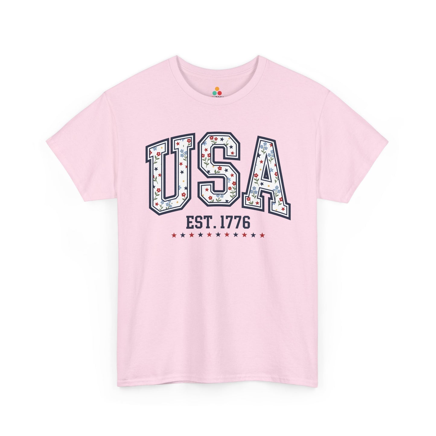 Cute USA Shirt Floral Stars Est 1776 4th of July T-shirt Gift | TEEZOCA cute usa shirt T-shirt with floral USA letters, red and navy stars, tiny flowers, Est. 1776 text, and patriotic accents.
