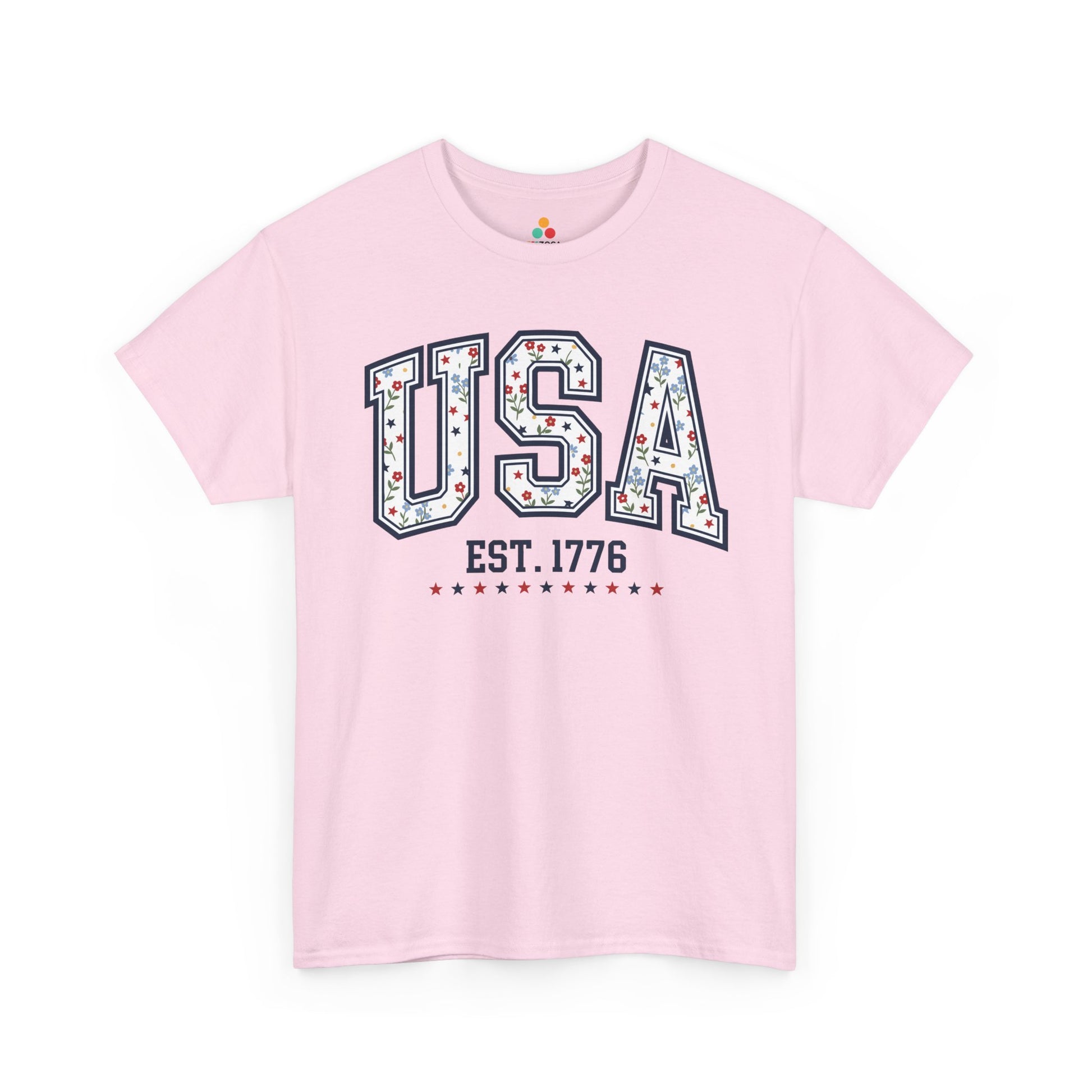 Cute USA Shirt Floral Stars Est 1776 4th of July T-shirt Gift | TEEZOCA cute usa shirt T-shirt with floral USA letters, red and navy stars, tiny flowers, Est. 1776 text, and patriotic accents.
