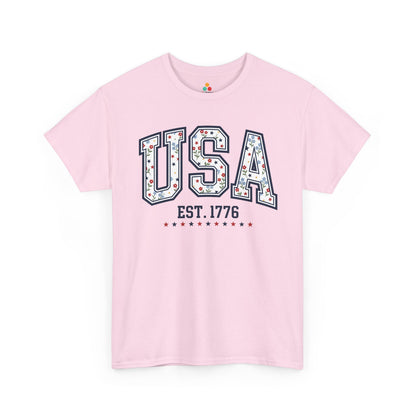 Cute USA Shirt Floral Stars Est 1776 4th of July T-shirt Gift | TEEZOCA cute usa shirt T-shirt with floral USA letters, red and navy stars, tiny flowers, Est. 1776 text, and patriotic accents.
