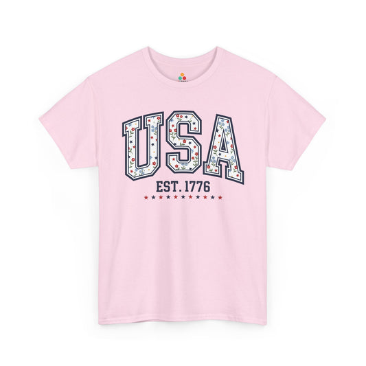 Cute USA Shirt Floral Stars Est 1776 4th of July T-shirt Gift | TEEZOCA cute usa shirt T-shirt with floral USA letters, red and navy stars, tiny flowers, Est. 1776 text, and patriotic accents.
