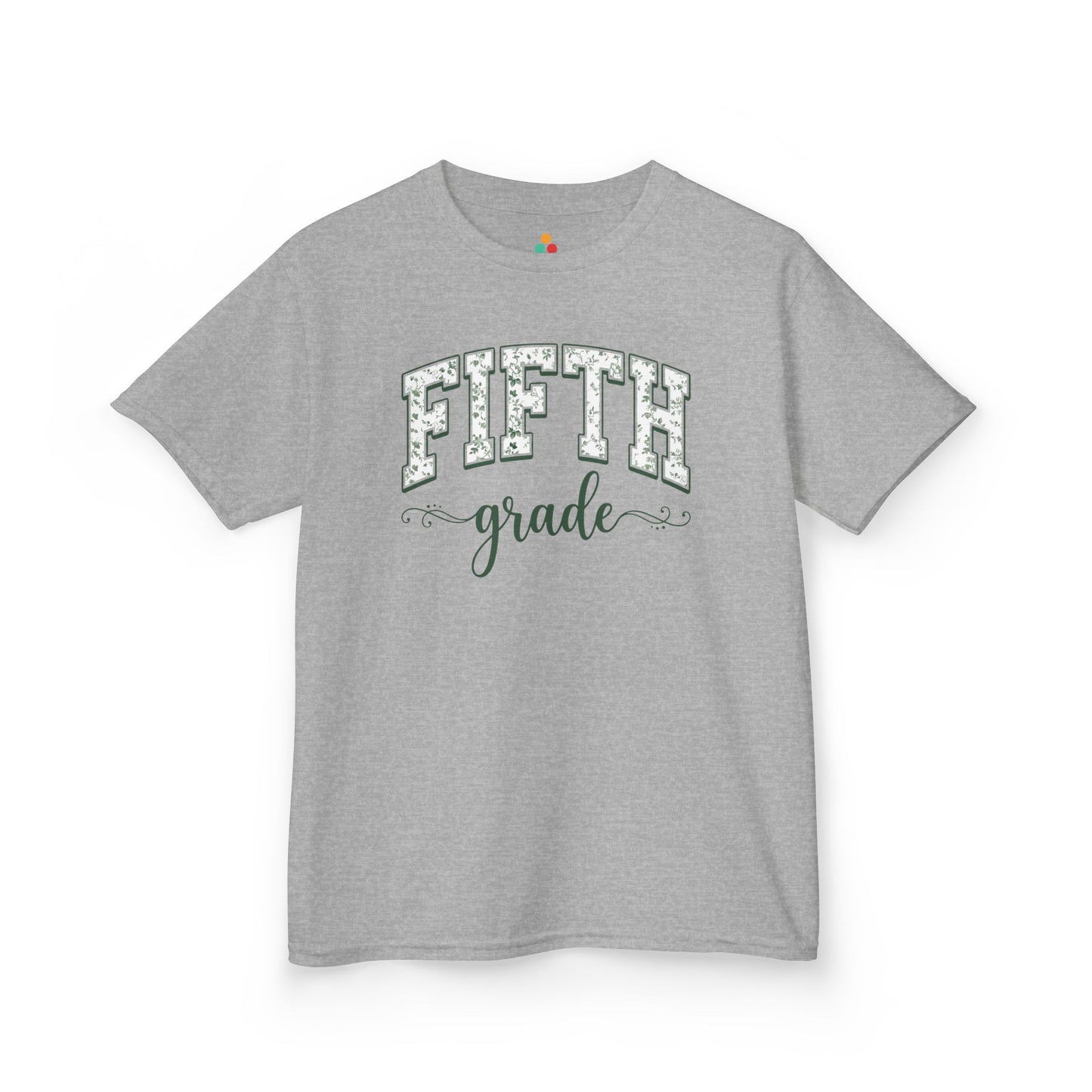 Cute gray fifth grade kids t-shirt from TEEZOCA for the first day of fifth grade, styled for a new fifth grader.

