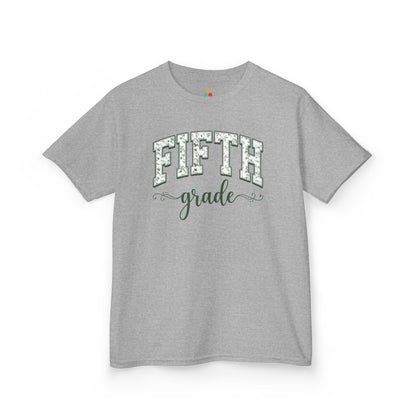 Cute gray fifth grade kids t-shirt from TEEZOCA for the first day of fifth grade, styled for a new fifth grader.
