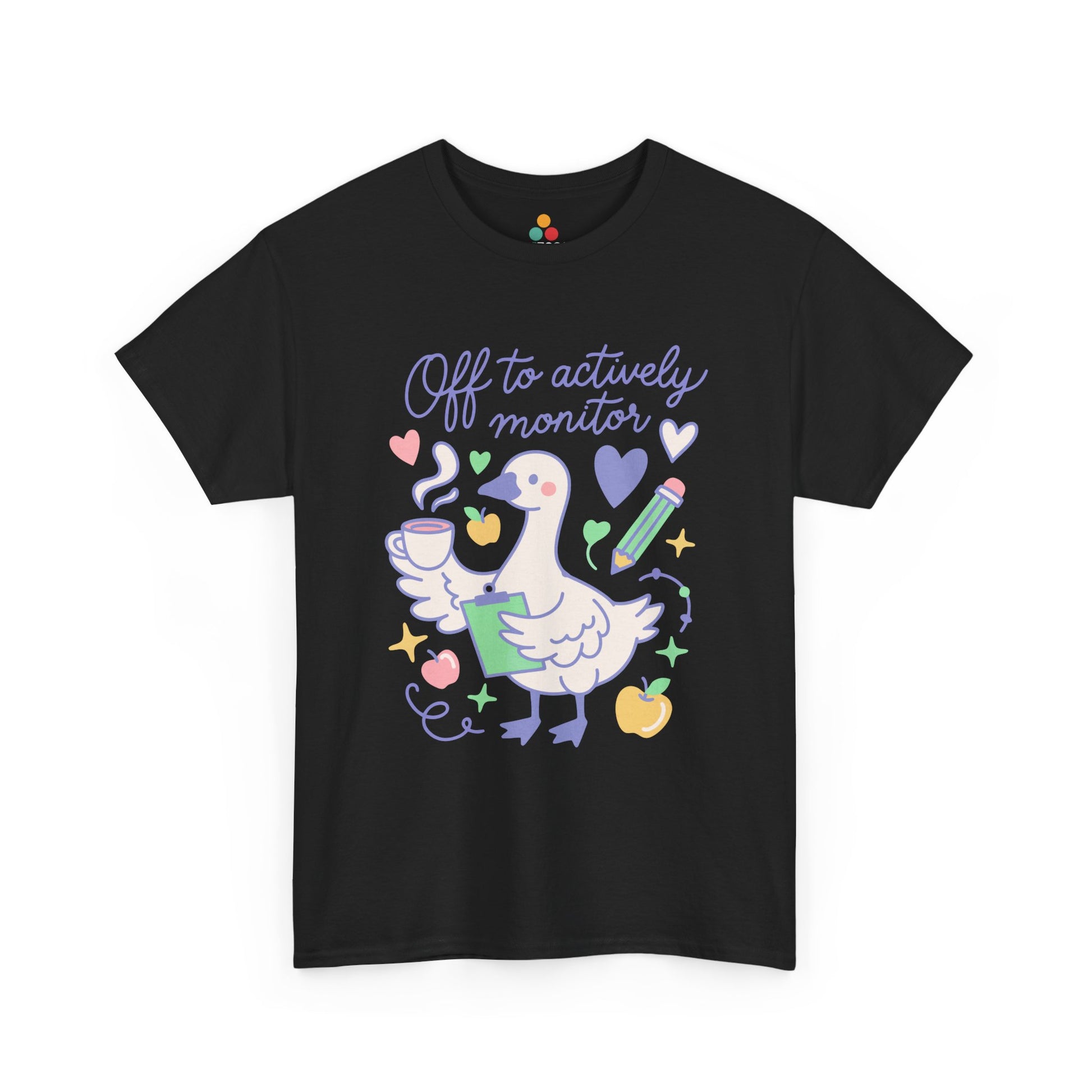 Cute teacher shirt by TEEZOCA with a funny goose holding a clipboard and Off to actively monitor classroom humor.
