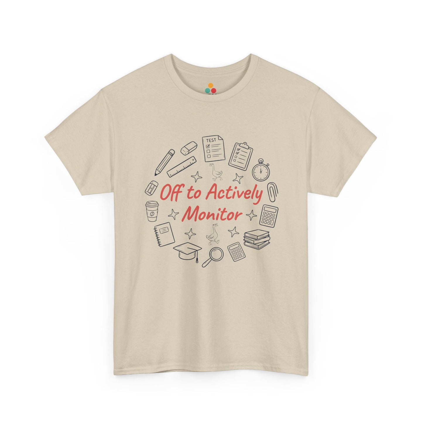 Cute teacher shirt from TEEZOCA featuring red actively monitor lettering and hand-drawn school supply details.
