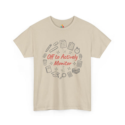 Cute teacher shirt from TEEZOCA featuring red actively monitor lettering and hand-drawn school supply details.
