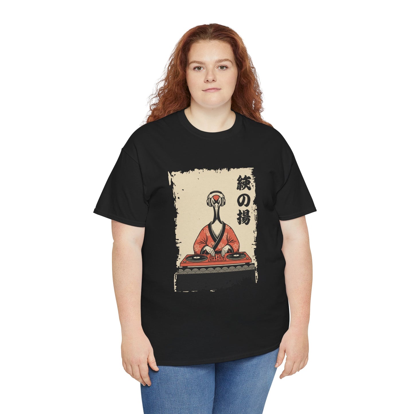 DJ Crane graphic Black Women tee  shirt featuring a red-crowned crane in kimono spinning vinyl records 

