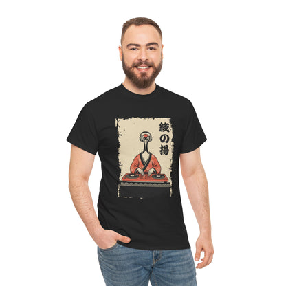 DJ Crane graphic Black men tee  shirt featuring a red-crowned crane in kimono spinning vinyl records 

