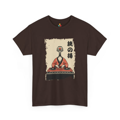 DJ Crane graphic Brown tee  shirt featuring a red-crowned crane in kimono spinning vinyl records 

