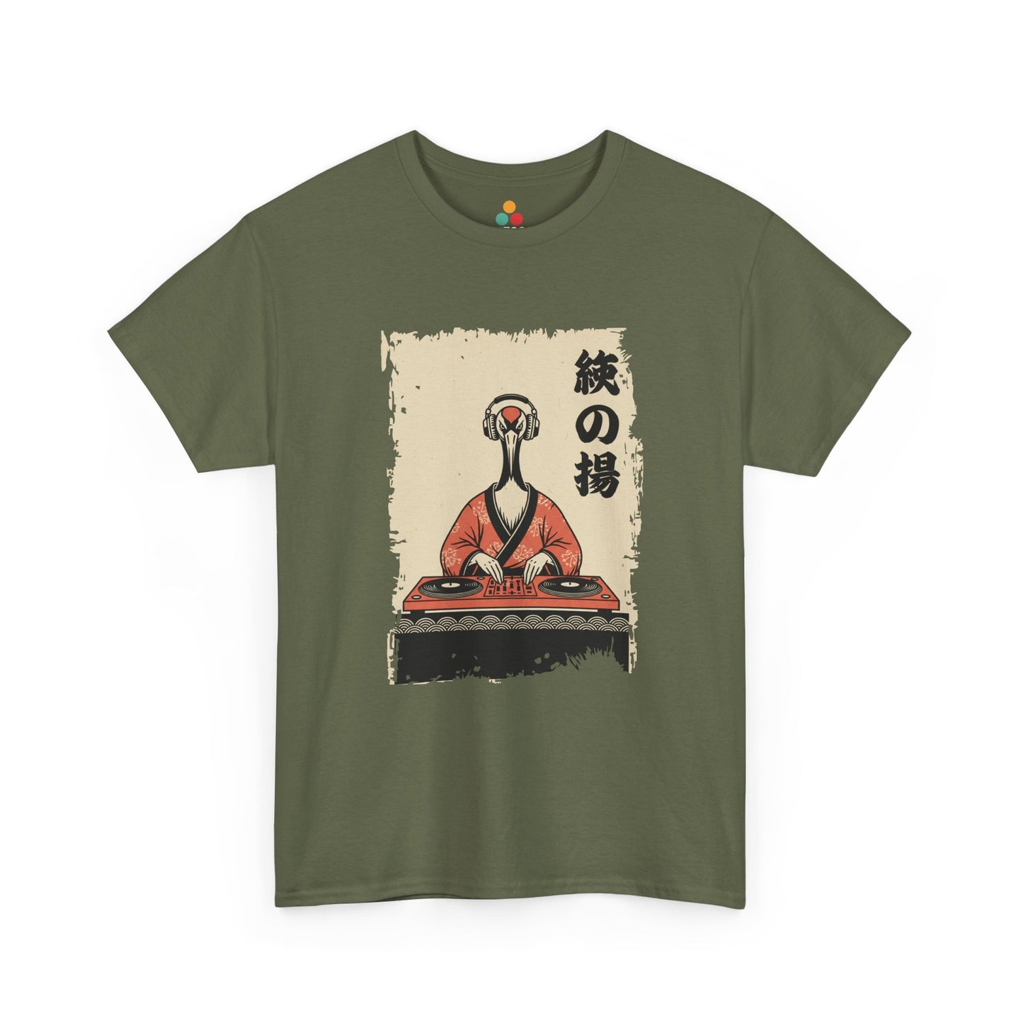 DJ Crane graphic Green tee  shirt featuring a red-crowned crane in kimono spinning vinyl records 

