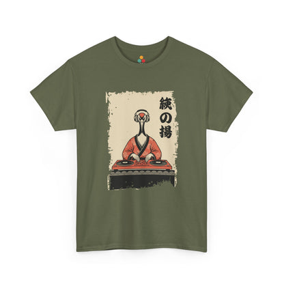 DJ Crane graphic Green tee  shirt featuring a red-crowned crane in kimono spinning vinyl records 

